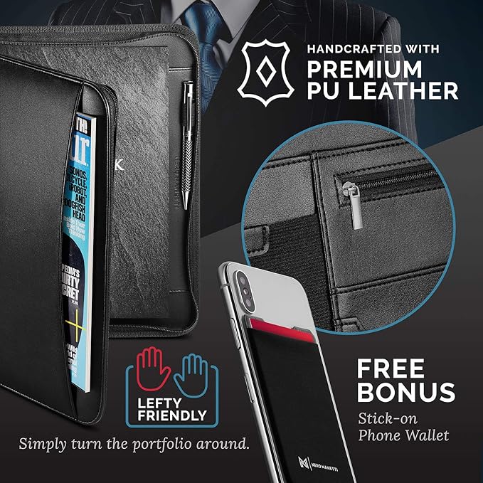 NERO MANETTI- Zippered Vegan Leather Padfolio/Portfolio Pad Holder-Business PU Leather Notepad Folder for Resumes, Interviews, iPad/Tablet, Phone, Legal Pad Notebook Executive Binder for Women, Men
