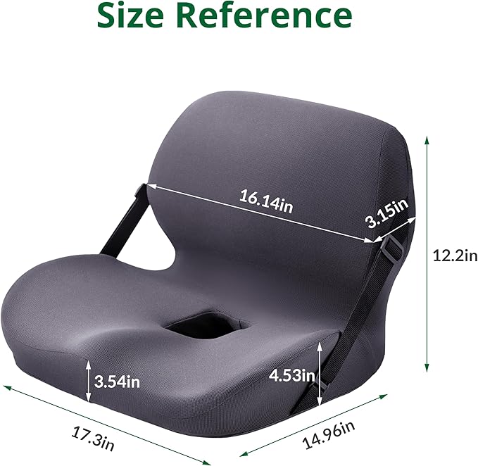 One-Piece Memory Foam Seat & Back Cushion - Lumbar Support, Adjustable Strap, Non-Slip Bottom - Breathable Removable Cover for Office Chair, Car, Truck (Grey)