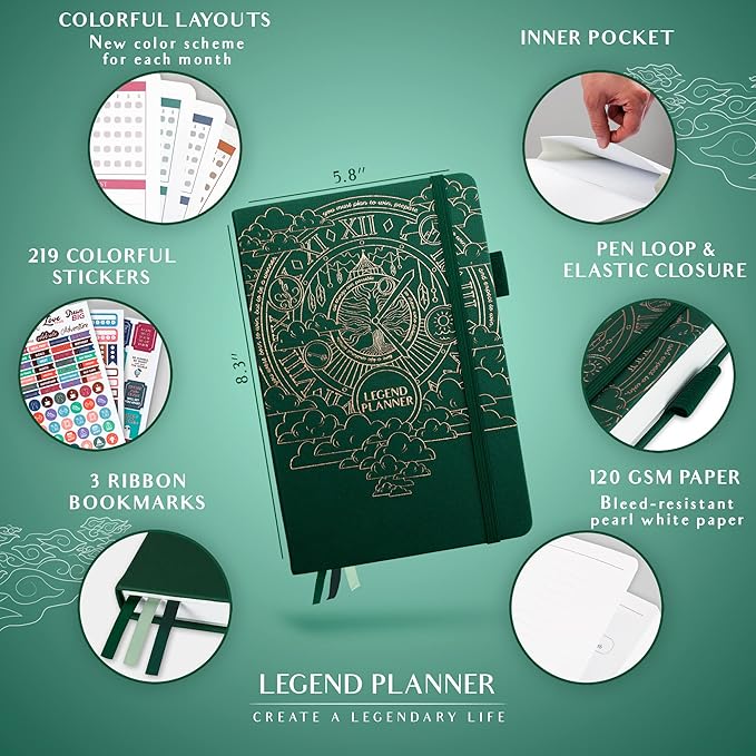 Legend Weekly Colorful Planner 2nd Edition – Undated Life & Work Agenda Journal for Time Management, Goal Setting, Productivity, 5.8 ″x8.3″, Hardcover – Dark Green Gold Foil