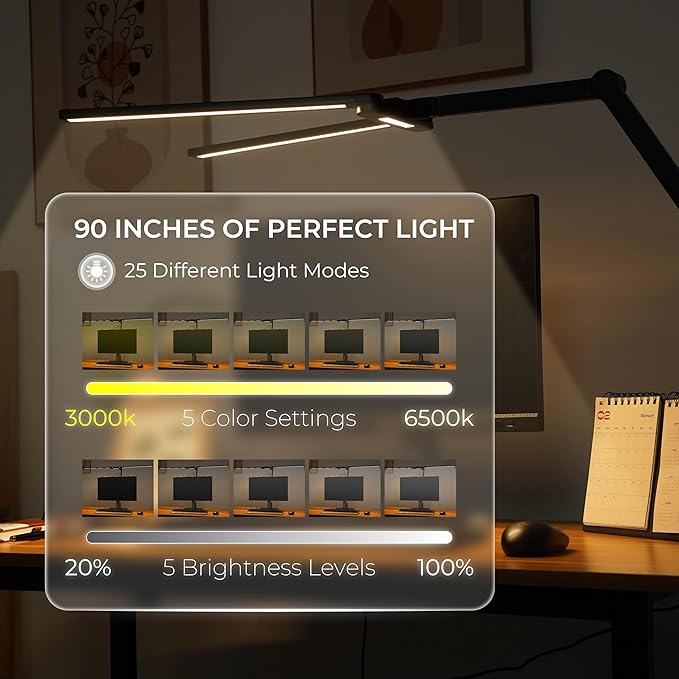 LED Desk Lamp, Anti Eyestrain with Blue Light Blocking Glasses Included, 3000K-6500K with Clamp, Architect Style Swing Arm, Wide Monitor Computer Light for Home Office Gift