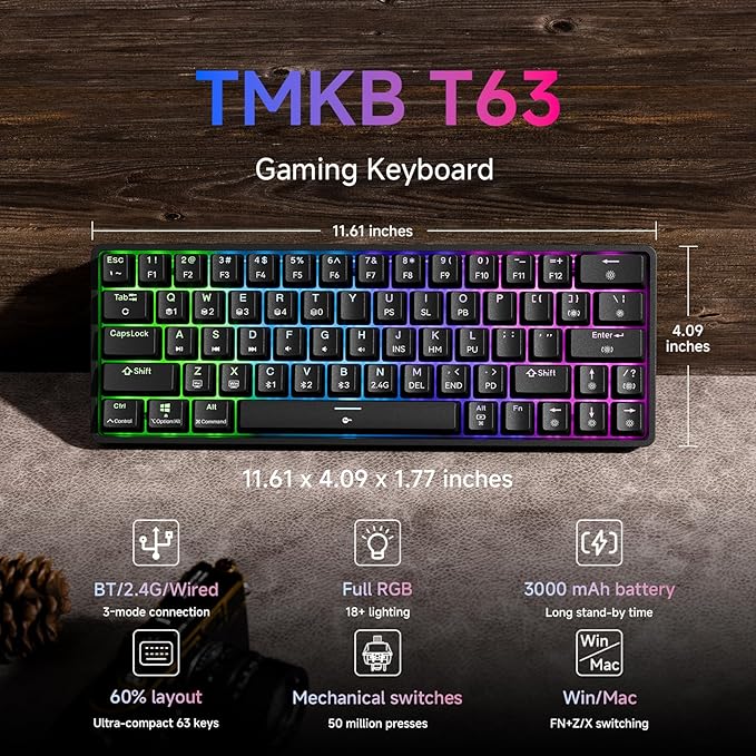 TMKB T63 Gaming Keyboard, 60% Wireless Mechanical Keyboard with Bluetooth/2.4G/Type-C, Compact 63 Keys Anti-Ghosting, RGB Backlight, Clicky Blue Switch - Black