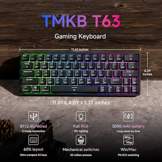 TMKB T63 Gaming Keyboard, 60% Wireless Mechanical Keyboard with Bluetooth/2.4G/Type-C, Compact 63 Keys Anti-Ghosting, RGB Backlight, Clicky Blue Switch - Black