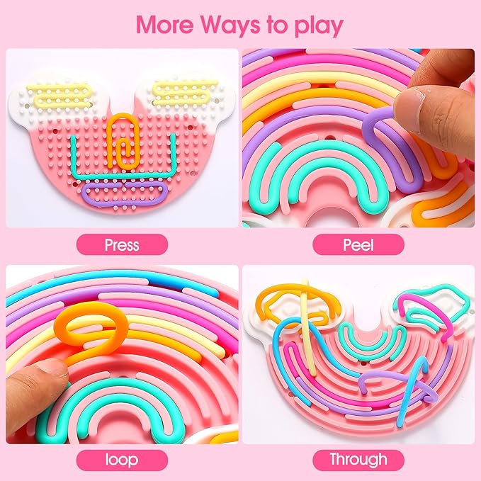 Fidget Toys Sensory Activity Board, Silicone Sensory Toys for Stress Anxiety Autistic ADHD Calming, Kids 3+ & Adults, Travel Bag & 12 Strings, Rainbow (Pink)