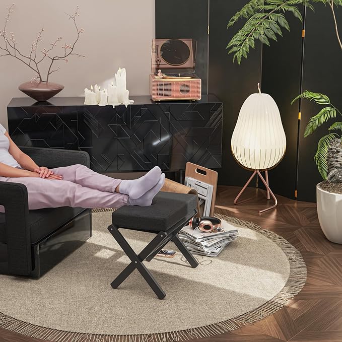 Foldable Foot Stool Ottoman, Modern Foot Rest with Bamboo X Legs & Thick Foam Cushion, Folding Foot Stools Small Padded for Bedroom Living Room, Makeup Vanity Stool Chair (Black - Black)