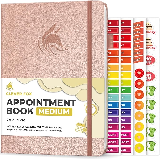 Clever Fox Appointment Book – Hourly Schedule Planner with Time Slots – Time Box Planner for Daily Work & To-Dos – Weekly & Monthly Spreads, Undated, Hardcover, A5 Size (Rose Gold)