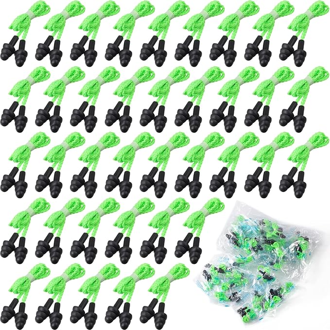 Tondiamo 200 Pairs Ear Plugs Reusable Silicone Earplugs with Cord Sleeping Individually Wrapped Hearing Protection Noise Cancelling Earplugs for Work Construction Shooting Sports(Green, Black)
