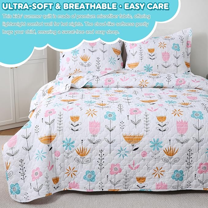 Girls Pink Floral Quilt Set Twin Size Kids Bedding Sets Lightweight Summer Bedspread Soft Microfiber Breathable Bed Comforter All-Season