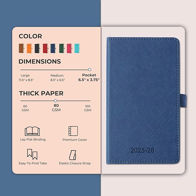 Weekly Monthly 2025-2026 Planner (July 25-Dec 26),6.5"x3.75",18 Months Agenda Plan with Month Tabs & Pocket,Expenses/Note Pages, Academic Calendar with Vegan Leather Cover,Blue