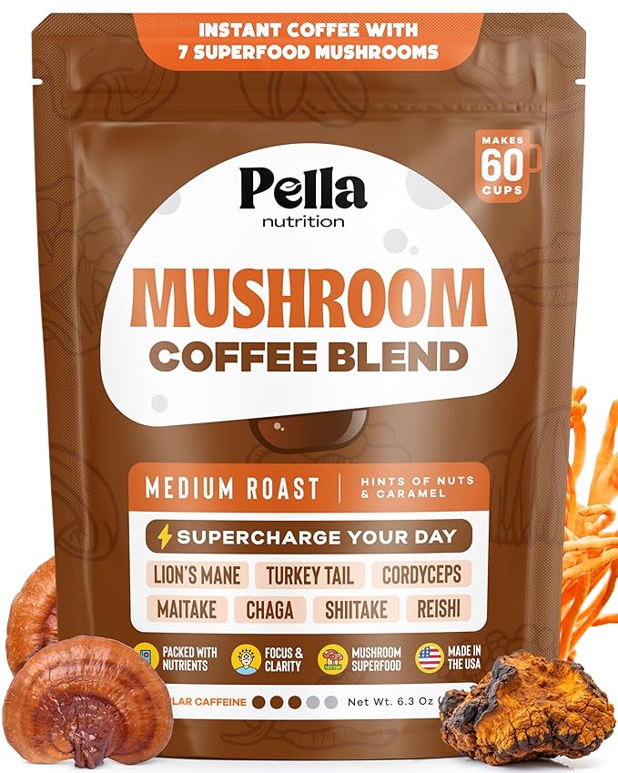 Pella Nutrition Organic Mushroom Coffee – Lions Mane, Reishi, Chaga, Cordyceps, Shiitake, Maitake & Turkey Tail – Superfood Instant Mushroom Coffee Blend for Focus & Energy (Regular Caffeine, 60 Cups)