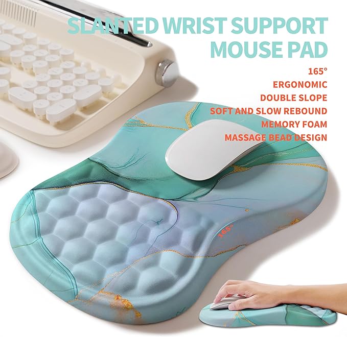 2-in-1 Ergonomic Set, Wave Rise Keyboard Wrist Rest and Massage Bulge Slope Mouse Pad Wrist Support, Cushion Memory Foam Integrated to Relieve Wrist Pain, Blue Gold Marble