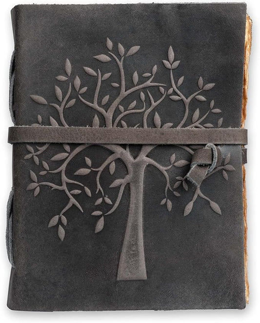 LEATHER VILLAGE Tree of Life Journal - 6 X 4 (A6) inches - Black - 200 Antique Deckle Edge Handmade Paper – Book of Shadows - Vintage Leather Bound Journal for Women & Men