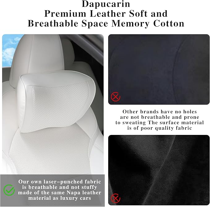 Car Headrest Pillow 100% Memory Foam, Breathable Removable Leather Cover, Premium Seat Support Head Neck Cushion for Driving Travel Home Office, White, 2 Pack