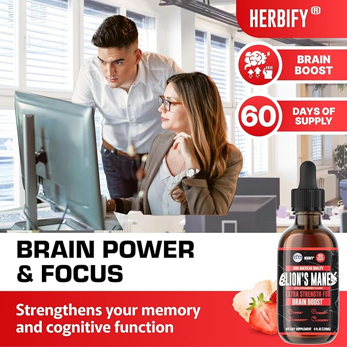 HERBIFY Lions Mane Supplement - Daily Mushroom Supplement for Memory, Focus & Clarity - Brain Booster - Lions Mane Tincture for Immune Support - 4 Fl oz Strawberry Flavor
