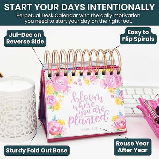 bloom daily planners Undated Perpetual Desk Easel with Motivational Quotes - Inspirational Standing Flip Calendar for Women - Page A Day (5.25" x 5.5") - Hand-Lettered