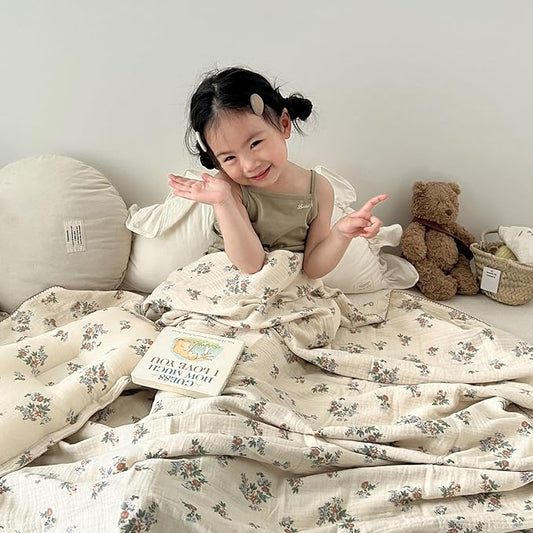 BuLuTu Cotton Muslin Toddler Blanket for Kids Girls Boys, Soft Lightweight Baby Quilts 2 Layers Large Muslin Crib Blanket Floral Toddler Quilted Blankets, All Seasons, 47"x51"