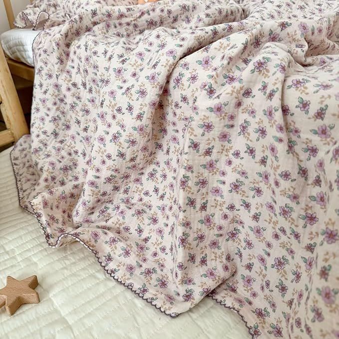 BuLuTu Muslin Cotton Toddler Blanket for Crib, Shabby Chic Purple Floral Print, Large Crib Blanket 47x51 Inch, Cottage Baby Quilt for Unisex Boys Girls Gifts, Soft Lightweight
