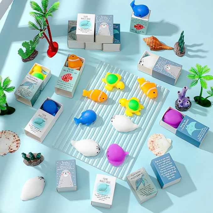 Wettarn 25 Sets Sea Animal Positive Gifts Cute Stress Balls with Support Gift Boxes Inspirational Party Favors for Employee Coworker Friends Office Appreciation Relief Toys