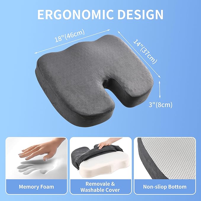Seat Cushion for Office Chair, Gel & Memory Foam Chair Cushion, Sciatica & Coccyx Pain Relief Cushion for Long Sitting Office Workers, Car Drivers