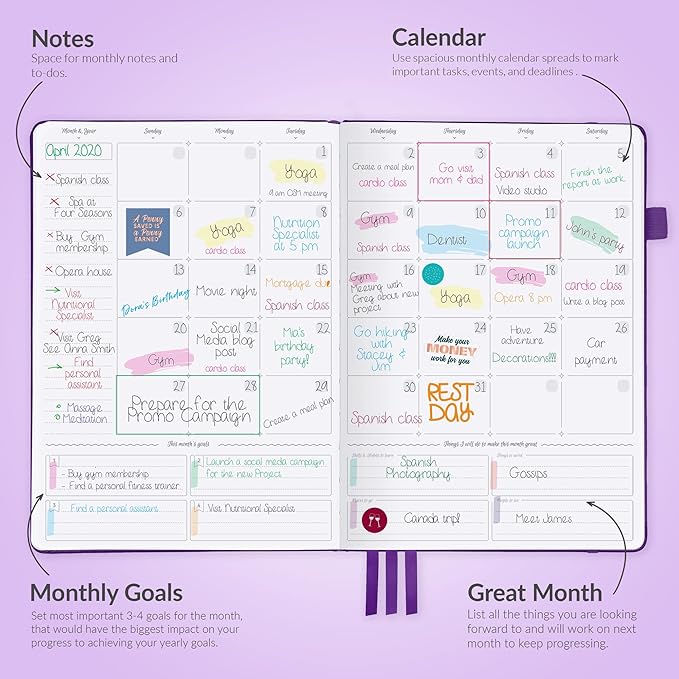 GoGirl Planner PRO - Undated Horizontal Layout Weekly Planner and Organizer + Budgeting and Expense Tracking Pages, Goals Journal & Agenda, 7" x 10" Hardcover, Lasts 1 Year - Purple