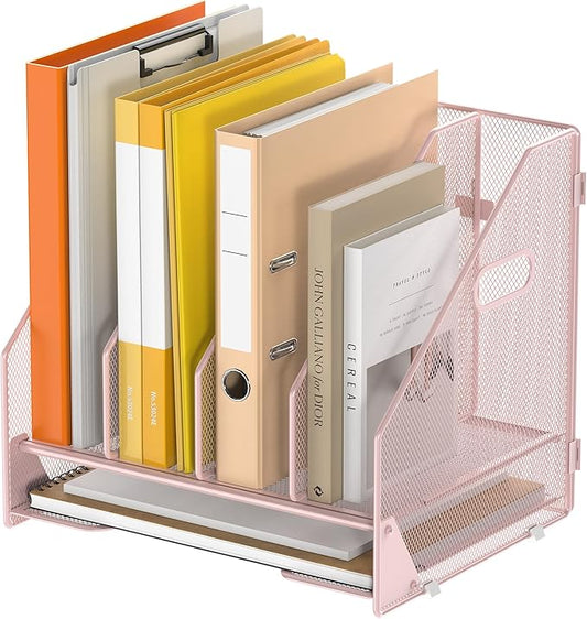 Desk File Folder Holder Organizer-4 Vertical Compartments Racks and Paper Letter Tray,Mesh Magazine File Holder Sorter,Desktop Accessories & Workspace Organizers for Home,Office,School-Pink