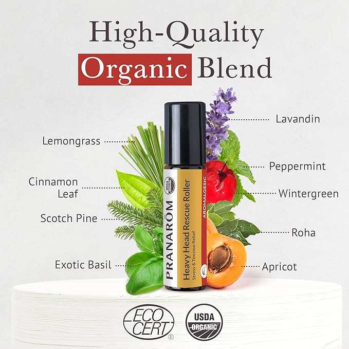 Pranarom - Heavy Head Rescue Roller 8ml - Aromatherapy with Essential Oils - Organic Blend for Tension - Warming & Cooling Effects - Easy Roll-On Application