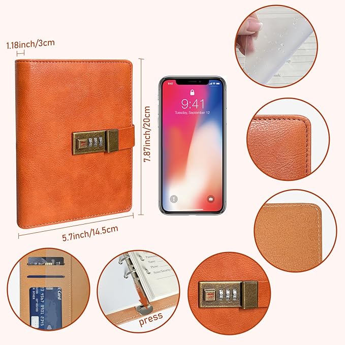 BTSFTOGET Small Password Book with Alphabetical tabs. 316 Pages Lockable Password Keeper Journal Notebook for Computer & Website Logins, Brown Leatherette Hardcover, 7.5in x 5.5in