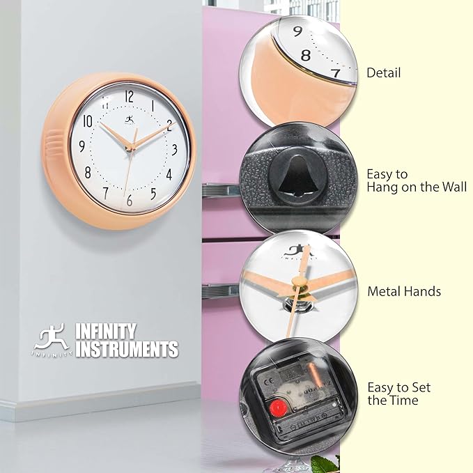 Infinity Instruments Retro 9.5 Inch Round Indoor Wall Clock, Peach Fuzz