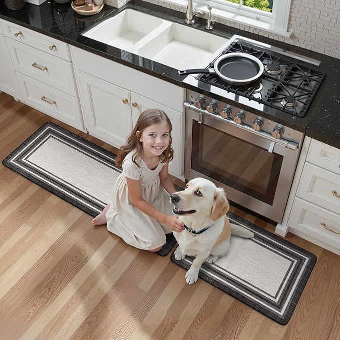 KIMODE Anti Fatigue Kitchen Mat 2PCS,Kitchen Rugs Non Slip Rubber Backing,Waterproof Farmhouse Kitchen Mat for Floor,Cushioned Standing Mat for Office,Laundry,Sink,Desk,Black and Grey