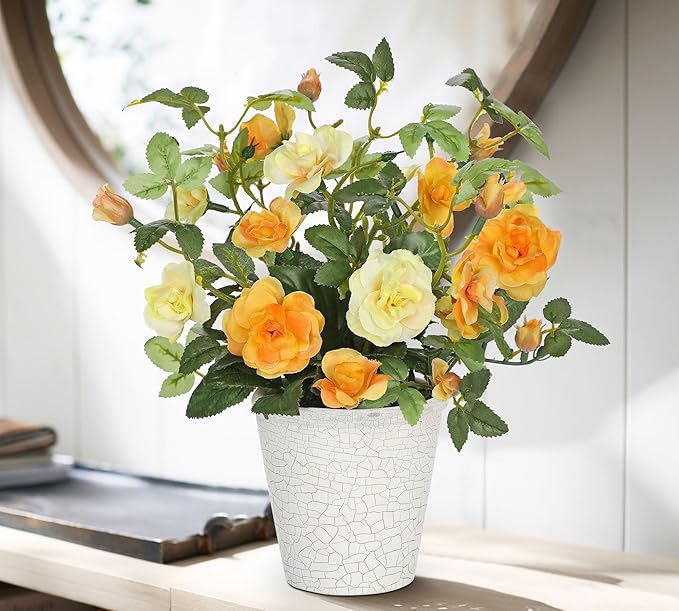 Hollyone Artificial Plants & Flowers in Vase Yellow Camellia Roses Small Faux Flower Plant Arrangement with Pot Fake Rose Flowers Home Decor Office Bathroom Shelf Desk Table Decoration