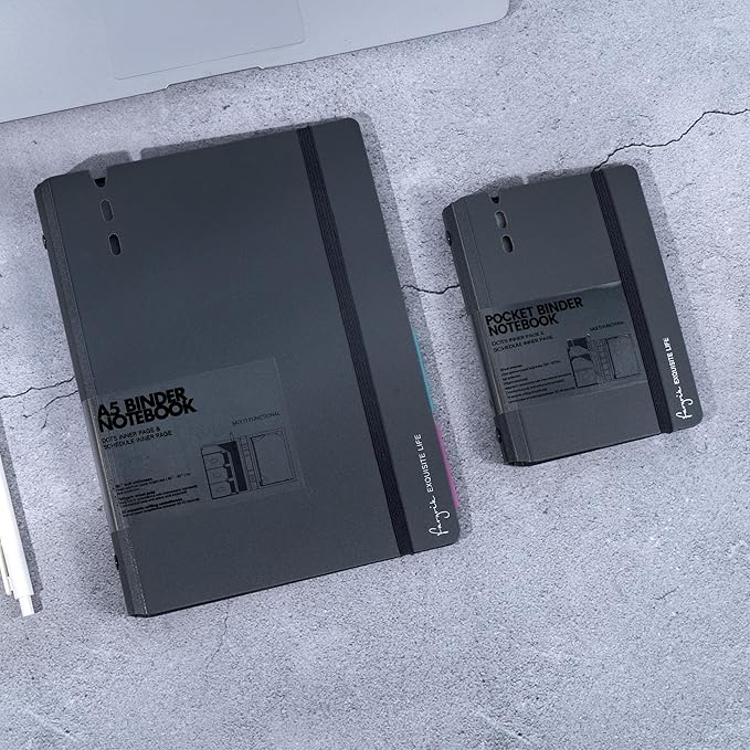 CAGIE A5 Binder 6 Ring Notebook with Dividers Refillable Planner Binder with Pockets, Refill Paper Include Planning Square Ruled and Dotted Pages, 7 x 9.25 in, (Grey and Grey, A7 & A5 Dot Page)