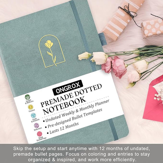 Premade Bullet Style Notebook with Undated Weekly & Monthly Planner, Dotted Journal with Pre-made Bullet Planner Stencils, Dot Grid Journaling with Habits & Mood Tracker, 12 Month Organization, A5