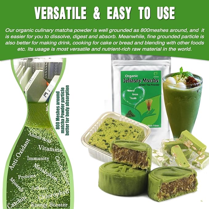 EFOOFAN Organic Matcha Green Tea Powder, Culinary Grade(1lb/16oz), USDA/JAS/EC Certified, Japanese Sencha Tea Flavor, Earthy and Grassy for Cooking, Dessert, Pastry or Blends