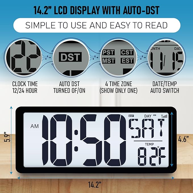 TXL Atomic Clock with Backlight, 14.2" Large Digital Wall Clock Battery Operated, Digital Clock Large Display with Day, Date & Temperature, Large Wall Clock for Bedroom, Livingroom, Office