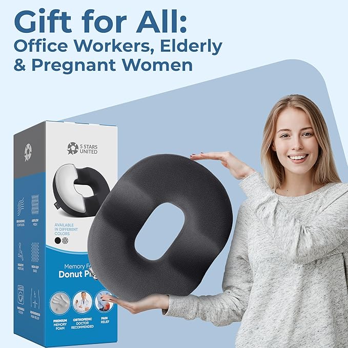 5 STARS UNITED Donut Pillow Hemorrhoid Tailbone Cushion – Large Cushion for Pain Relief – Coccyx, Prostate, Sciatica, Pelvic Floor, Pressure Sores, Pregnancy, Postpartum Recovery, Dark Gray