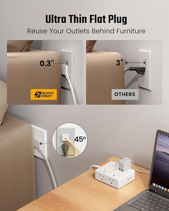 20Ft Long Extension Cord, Flat Plug Power Strip with 8 Outlets & 4 USB Ports (2 USB C), Wall Mountable Surge Protector, Desk Charging Station for Home Office, College Dorm Room Essentials