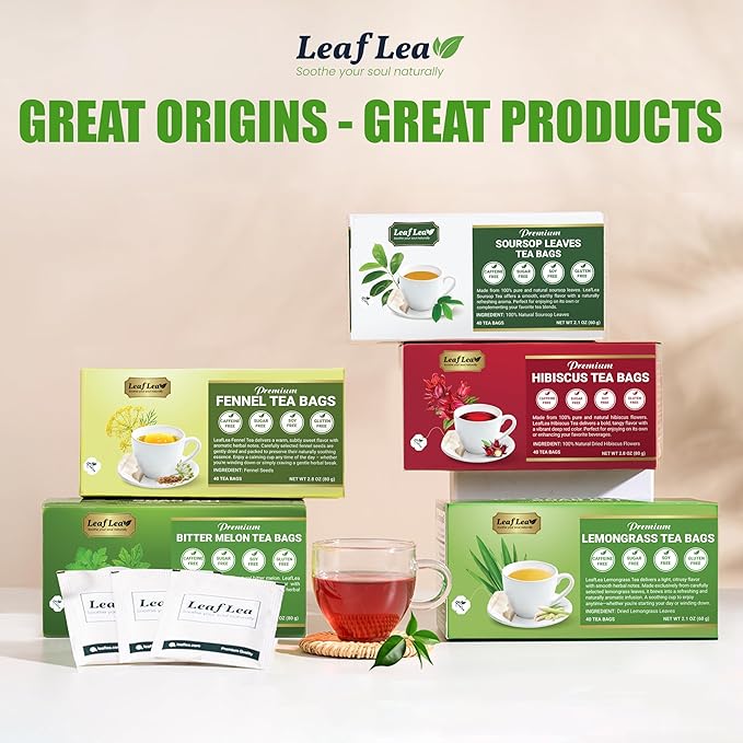 LeafLea 80 Premium Fennel Tea Bags, Pure Dried Fennel Seed Tea, Daily Ease & Balance, Naturally Sweet Taste, Caffeine-Free, Sugar-Free, Non-GMO, Vegan, Individually Wrapped