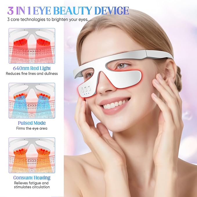 Under-Eye Light Therapy Device, Beauty Device with Pulsed, Light Therapy, and Heat, for Relieving Eye Bags, Eye Fatigue, and Dark Circles, with Gel and glass Strap (white)
