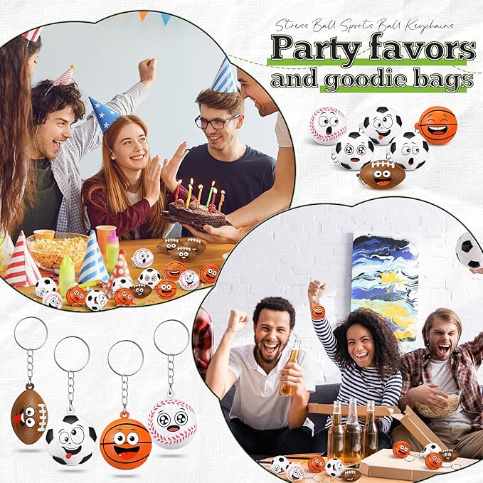 12 Pcs Mini Face Stress Balls Keychain for Boys Girls Sport Face Stress Relief Squeeze Toys Keychain for School Reward Party Bag Gift Fillers Party Favors Birthday Gift