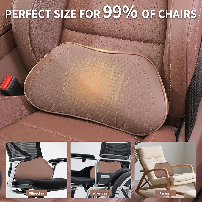 Lumbar Support Pillow for Car, Premium Leather Memory Foam Lumbar Cushion for Lower Back Pain Relief, Universal Back Support for Driving, Home & Office Chairs, Brown, 1 Pack