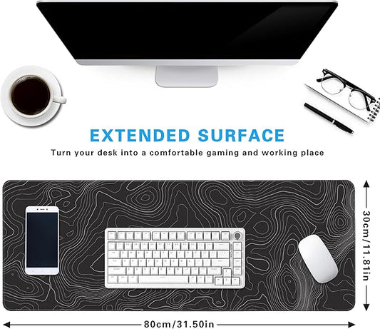 Minimalist Topographic Map Mouse Pad - Contour Extended Large Stitch Edge Mousepad Black & White Non-Slip Gaming Desk Mat 31.5x11.8inch