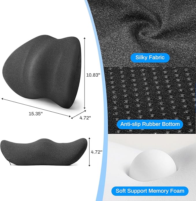 Lumbar Support Pillow for Office Chair and Car Seat - Supportive Memory Foam Cushion for Lower Back Pain Relief and Posture Correction, with Breathable Airflow Channels