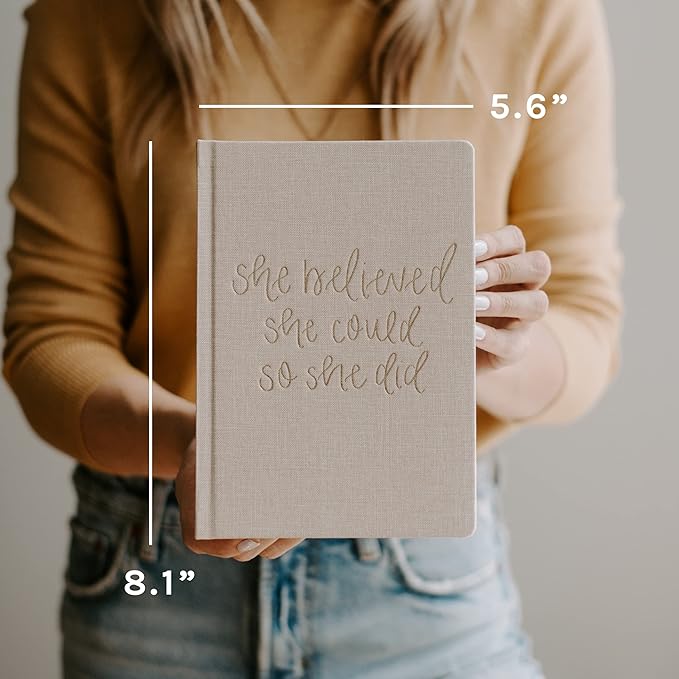 Sweet Water Decor Cute Motivational Lined Composition Notebook for Women, 100 Ruled Pages for Writing, Diary with Fabric Inspirational Cover (Tan She Believed She Could)
