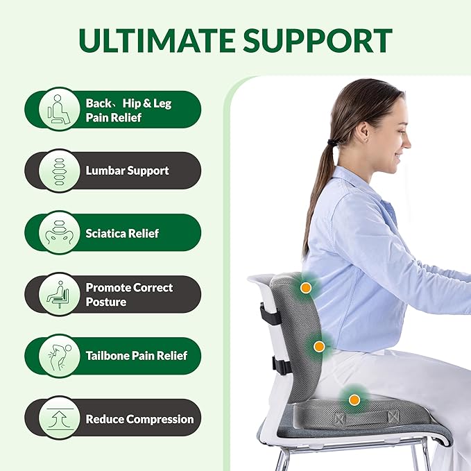 Seat Cushion & Adjustable Lumbar Support Pillow Set, Charcoal Memory Foam Back & Tailbone Pain Relief, Non-Slip & Washable Cover, for Office Chair, Car Seat, Wheelchair - Grey