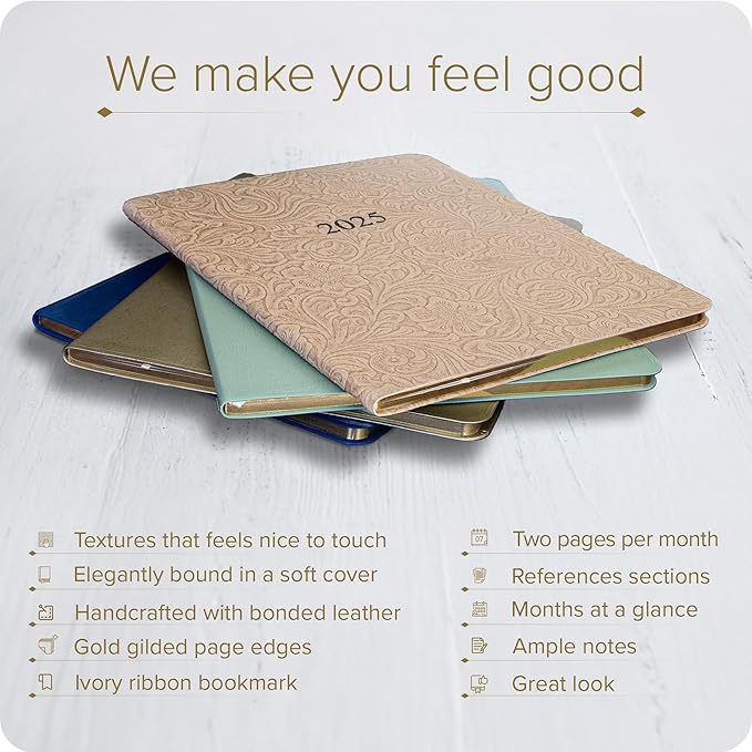 Gallery Leather Large Monthly Planner 2025, Elegantly Bound Calendar Planner and Notebook with Stylish Gold-Gilded Page Edges, 18 Months - Camden Kiwi - 9.75 x 7.5 "