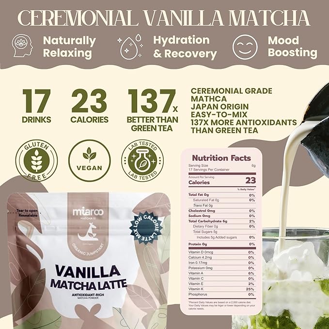 Miaroo Vanilla Matcha Latte Powder 100g | Sweetened Japanese Green Tea with Natural Vanilla Flavor | Non-Dairy, 5g Sugar, 30mg Caffeine | Hot & Iced Lattes