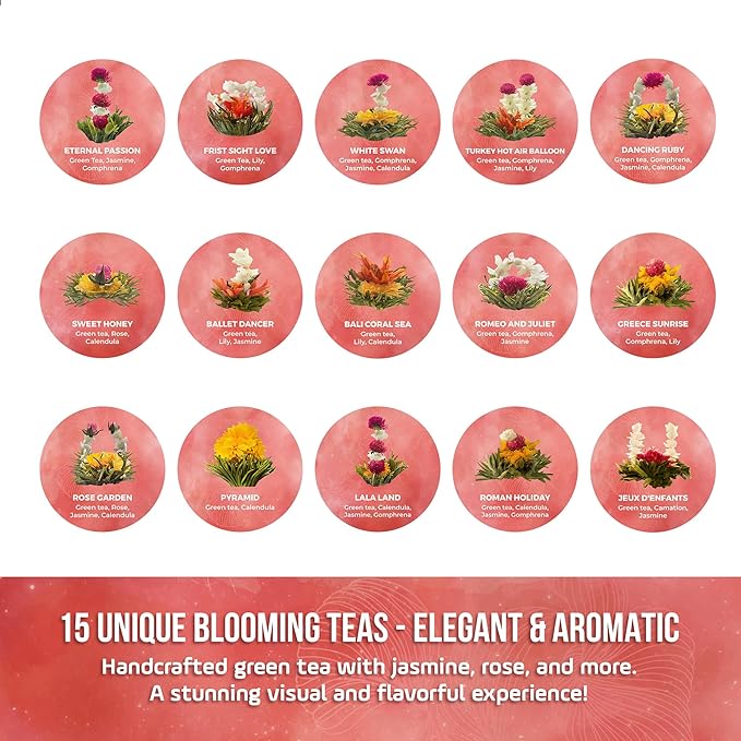 FreshDrinkUS, Premium 15 Flowering Tea Balls – Green Tea, Lily, Jasmine, Rose, Gomphrena & More – Beautiful Hand-Tied Blooming Teas for Relaxation & Wellness – Caffeine-Free. Ideal Gift for Tea Lovers