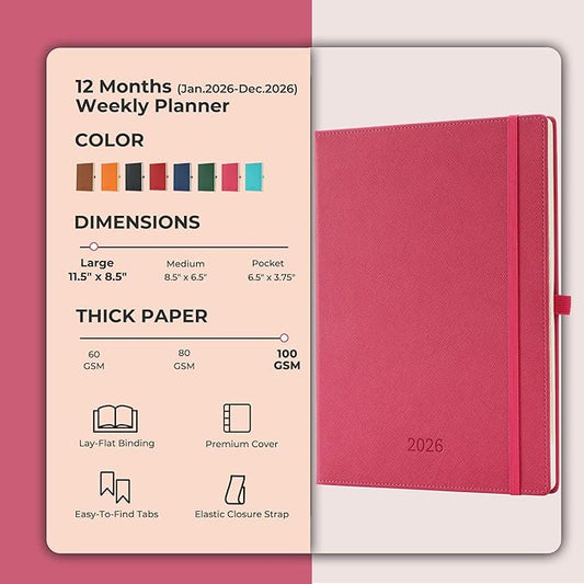 Weekly Monthly 2026 Planner (Jan.26-Dec.26),11.5"x8.5",12 Months Agenda Plan with Month Tabs & Pocket,Expenses/Note Pages, Appointment Book Calendar with Vegan Leather Cover,Rose Red