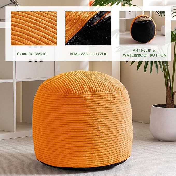 HIGOGOGO Round Stuffed Pouf Ottoman, Corduroy Poufs with Foam Chunk Filling, Furry and Fluffy Pouf Foot Stool Storage Ottoman, 20 X 15 Floor Poufs Foot Rest for Living Room, Orange