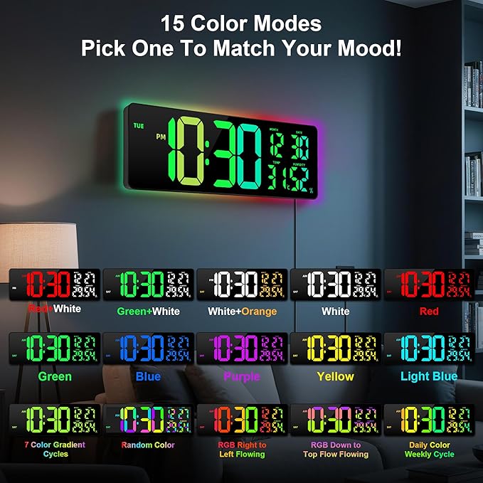 Large Digital Wall Mount Clock 17.3", 15 Color Modes Jumbo Numbers, 8 Color Modes Atmosphere Lights, Led Large Display Auto-Dimming/DST, for Classroom Living Room Garage Gym, Gift for Senior Mom Dad