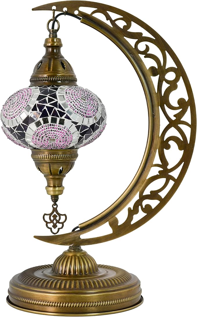 mozaist Turkish Mosaic Moon Shape Table Lamp, Moroccan Vintage Crescent Bohemian Handmade Bedside Light, Rustic Dining Room, Study Room, Office Decorative Lighting, Unique Turkish Gift (Lavender)